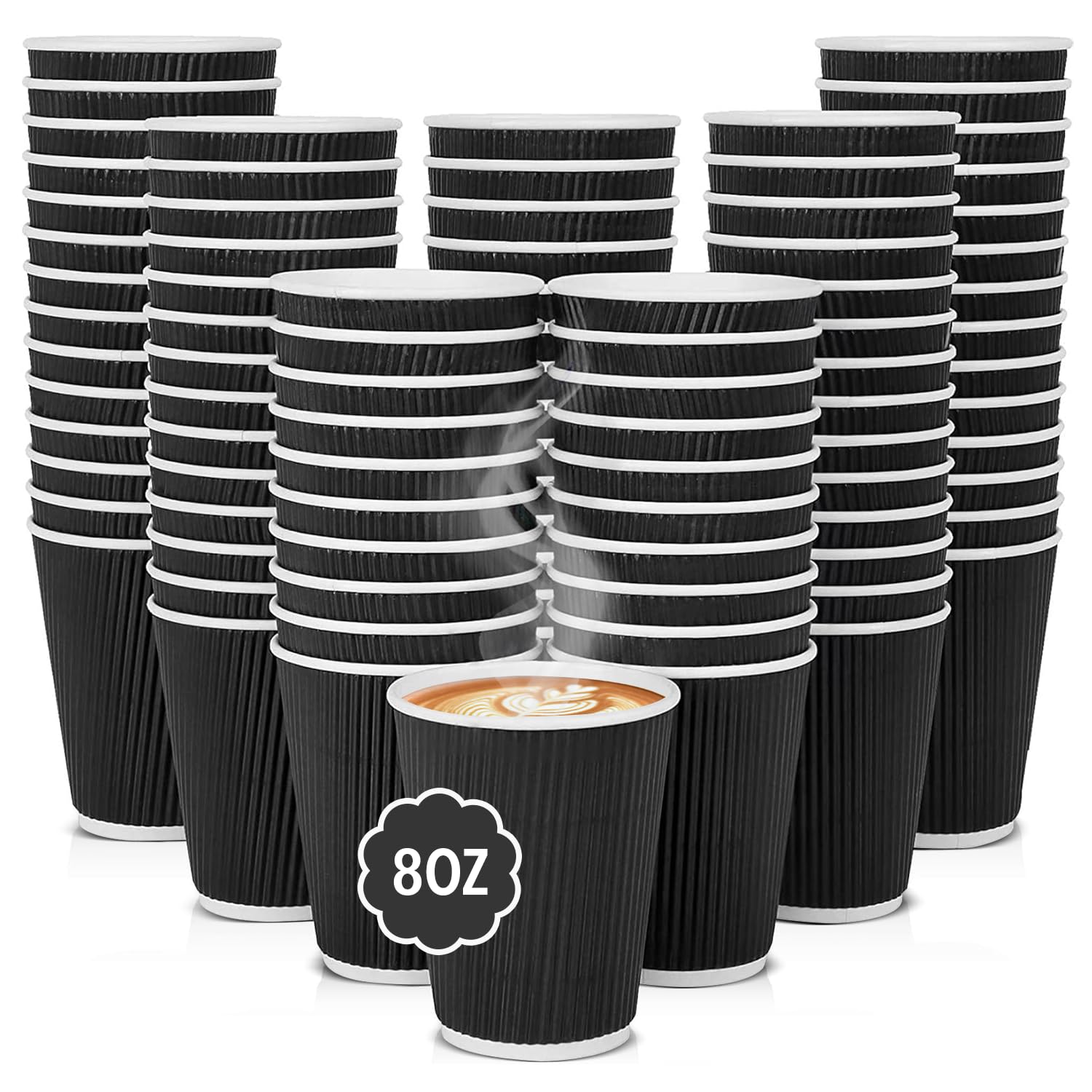 RAP Gloves 8oz Ripple Wall Disposable Paper Cups – 500 Count (20 Cups x 25 Packs per Case) | Black | Insulated Hot Drink Coffee Cups for Cafes, Takeaway & Office Use