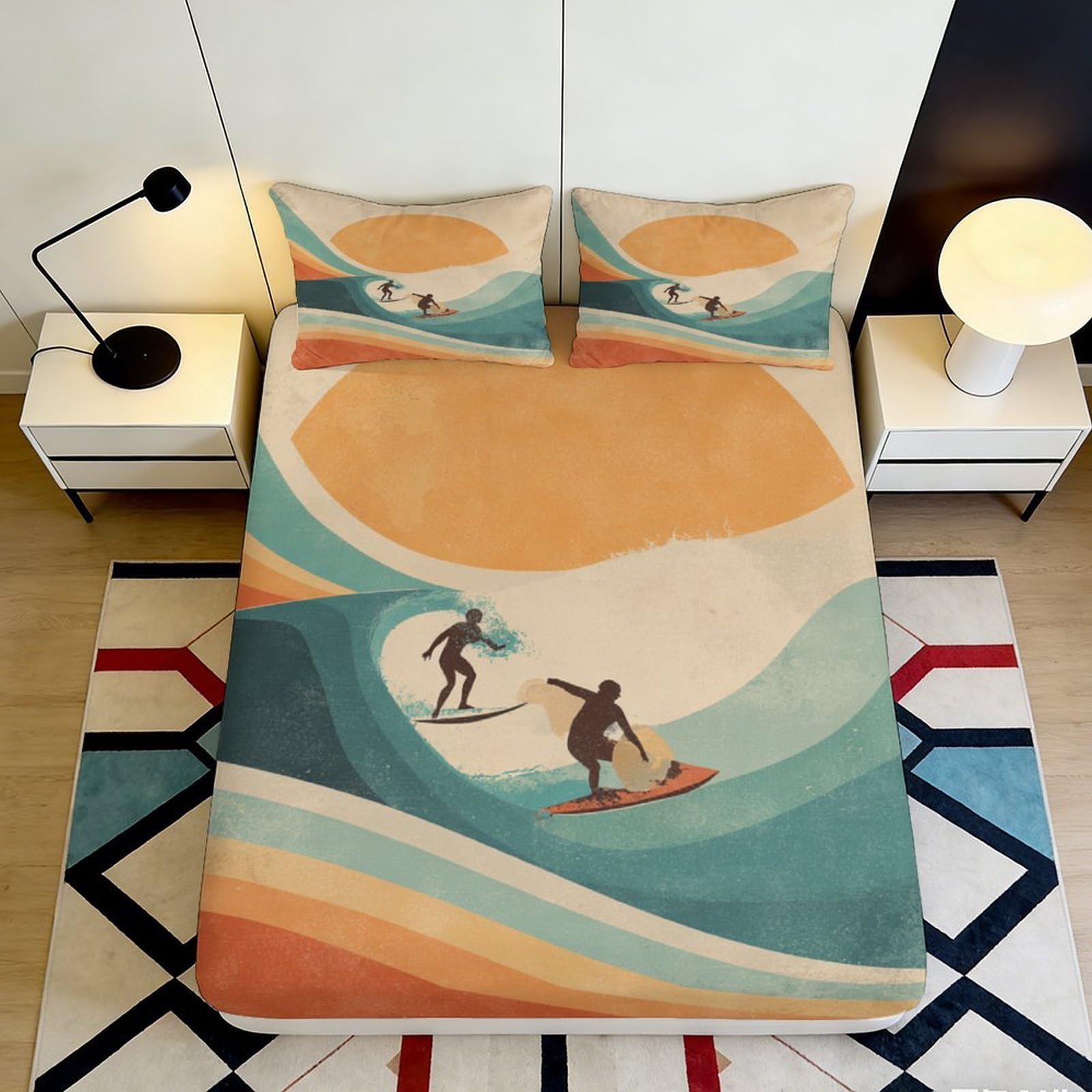 Jqzkxnhpbr Style-9 3D Printed Sunset Beach Wave Fitted Sheet Microfiber Soft Anti-Slip Surfer Mattress Cover Bedroom Home Decor 90X200x25cm