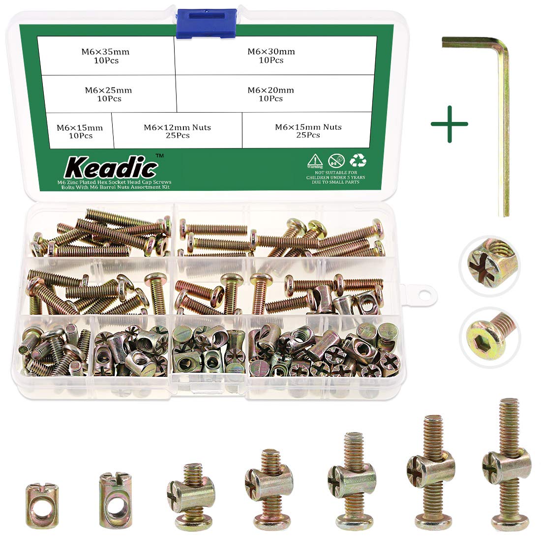 Keadic100Pcs M6 Bolts Nuts Assortment Kit, Zinc Plated Hex Socket Head Cap Screws Bolts with M Barrel Nuts for Furniture Cots Beds Crib, 1 Hex Key for Free - 15/20/25/30/35mm
