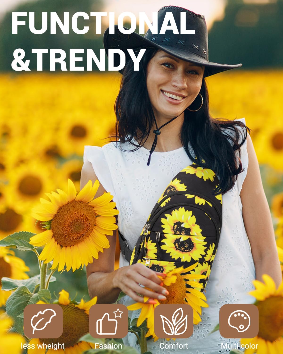 Tuwubi Crossbody Bags for Women, Sling Bag for Men, Small Hiking Backpack Anti Theft Lightweight for Outdoors Travel (M, Sun Flower) - Image 3