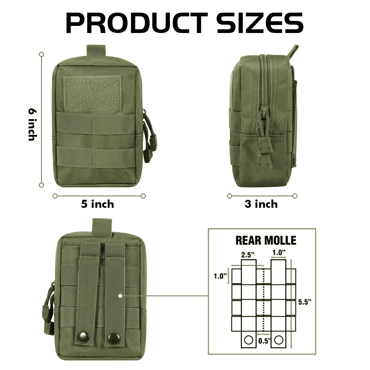 Paquete de 3 riñoneras y riñonera Molle y soporte para botella de agua, color verde