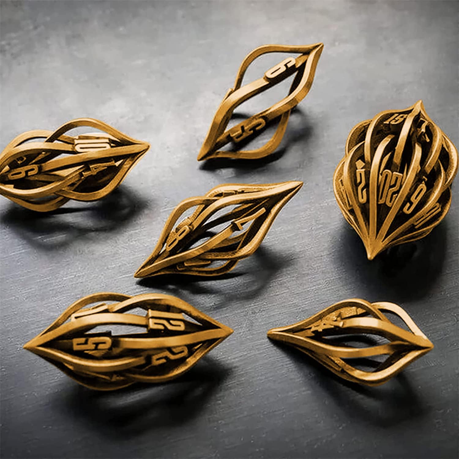 Thyggzjbs The Arcanum Dice Set for Table Games,3D Printed Carved Metal Dice Set Hollow Polyhedral DND RPG MTG Game Dice Set,Creative Craft Decoration,dice Game for Families and Friend (Ancient Gold)