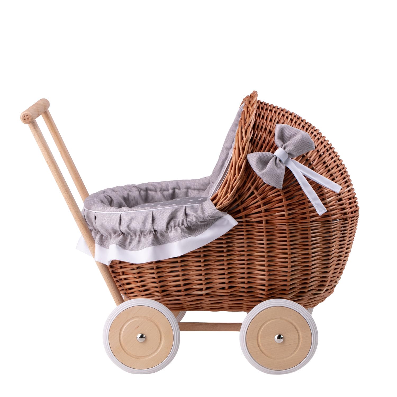Korbpuppenwagen mit Holzuntergestell – Vintage-Stil, wunderschöne Dekoration für Fotoshootings Sammler-Puppenwagen aus Weide (Grau1)