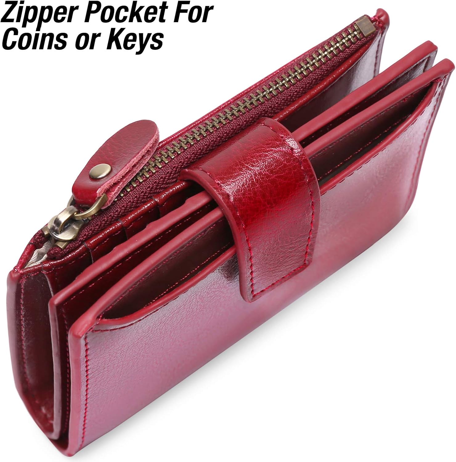 GOIACII RFID Women's Wallet Small Ladies Credit Card Holder Leather with Zipper Pocket 4 ID Windows Wine Wax Red - Image 9