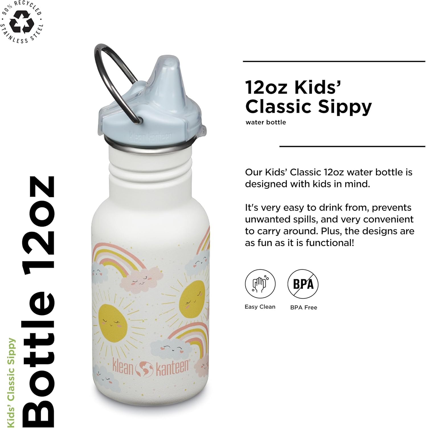 Klean Kanteen 12 oz Classic Kid's Sippy Bottle - For Little Hands - With Dust Cover & Attachable Loop - Durable, BPA-Free, Stainless Steel Material - Fits Interchangeable Caps - Rainbows - Image 2