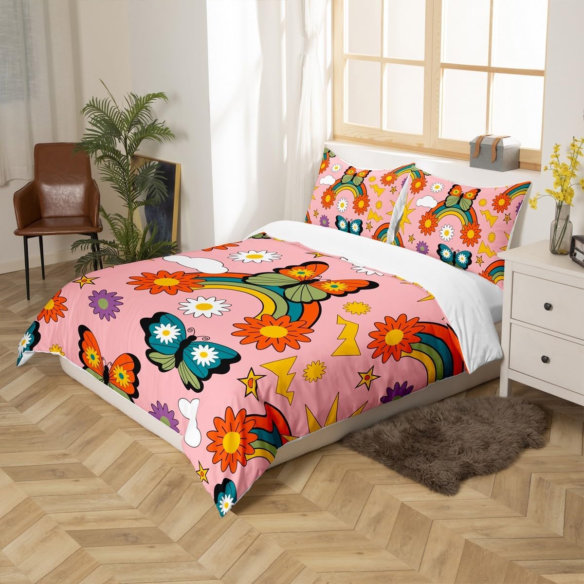 Vintage Groovy Flower Duvet Cover Cute Rainbow Butterfly Sun Moon Bedding Set Retro Floral Boho Pink Comforter Cover for Boys Girls Children Bedroom Decor Bedspread Cover Twin With 1 Pillow Case