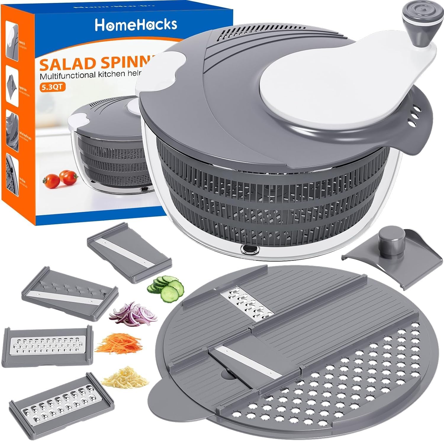 HomeHacks Large Salad Spinner with 5 Chopping Blades, 5.3QT Lettuce Dryer Fruit Washer, Easy Press Kitchen Tool Grey