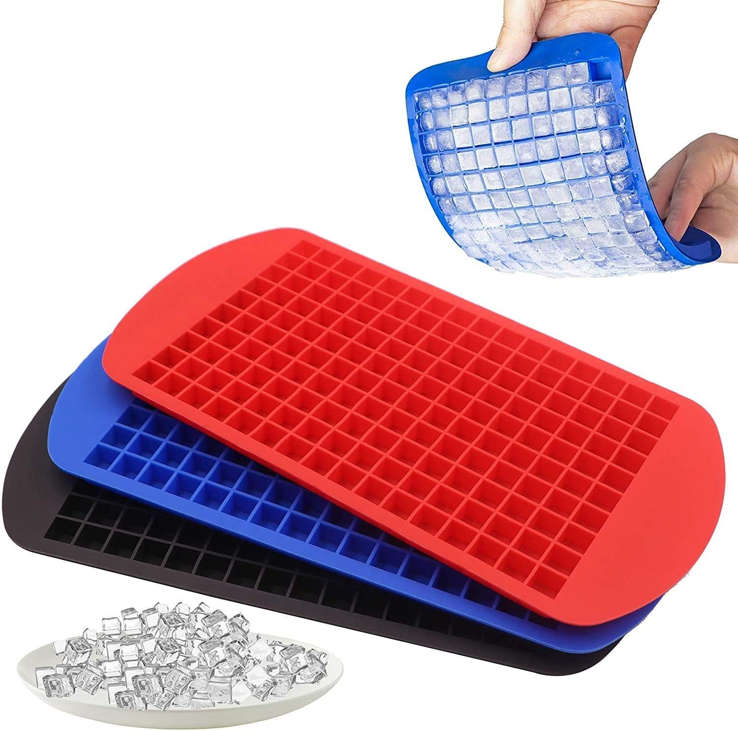 Silicone Mini Ice Cube Trays, 160 Small Ice Cube Molds, 3 Pack, BPA Free Flexible Stackable, 1cm Cube Size, for Chilling Whiskey Cocktail