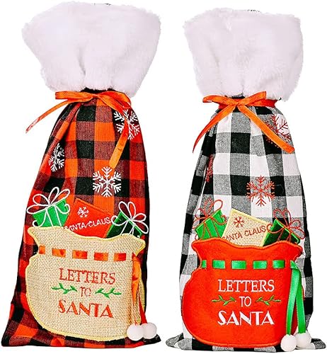 2 fundas para botella de vino a cuadros de búfalo navideño, suéter para botella de vino con soporte de cuello de piel sintética, bolsas para el