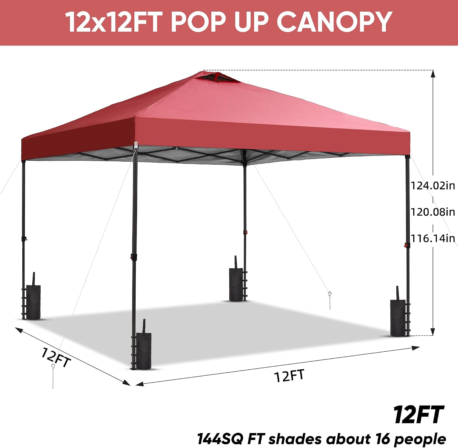 Saemoza 12x12 Pop Up Canopy Tent, Portable Outdoor Canopy with One Push Central Lock & Carry Handbag, Included 4 Sandbaogs,8 Stakes and 4 Ropes, for Garden, Backyard, Outdoor Activities,Red