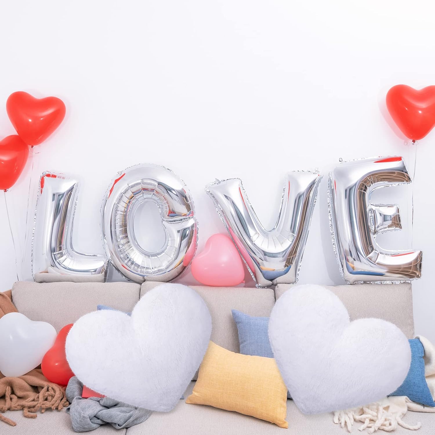 Unittype 2 Pcs Valentine's Day Heart Pillows 20 x 15.7 Inch White Heart Shaped Gifts Valentines Faux Bunny Fur Decorative Fluffy Pillows Soft Cute for Livingroom Bedroom Aesthetic for Women Girl