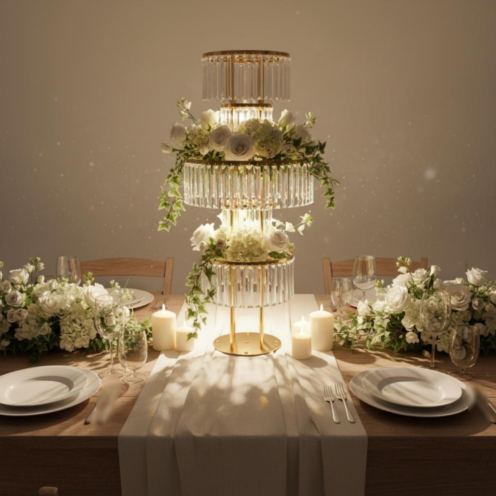 Acryl Hochzeit Display Blumensäule Podest Dekosäule Ständer mit Schimmernden Kristall Ornamenten Und Rundem Rahmen aus Eisen Und Acryl als Eleganter , Chrome Sq 110x50cm