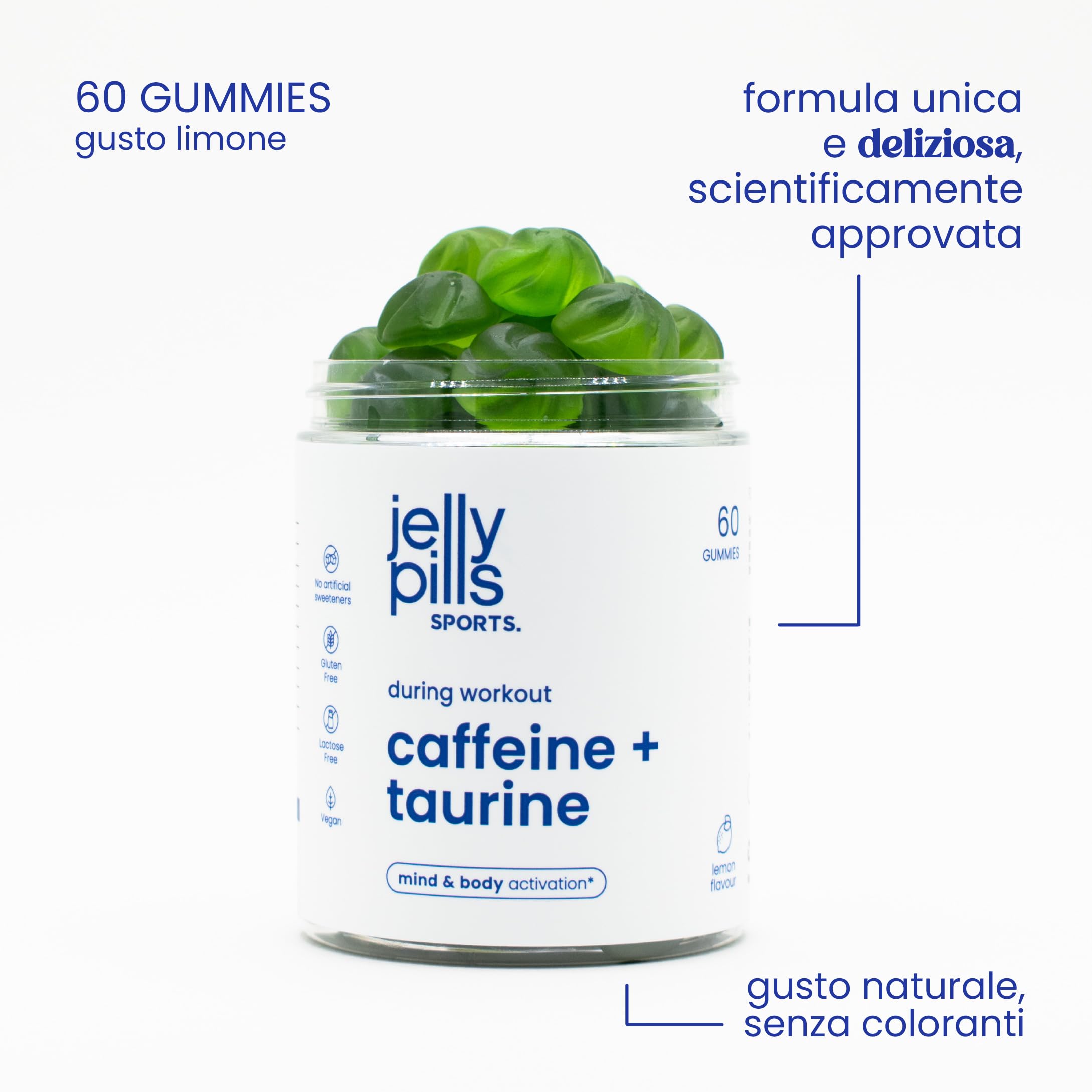 Gummies Caffeina con Taurina e Guaranà - Energia e Focus Mentale - 60 Gummies Vegane - Senza Zuccheri Aggiunti - Gusto Limone Naturale - Performance Sportiva - Jelly Pills Sports - per 1 mese