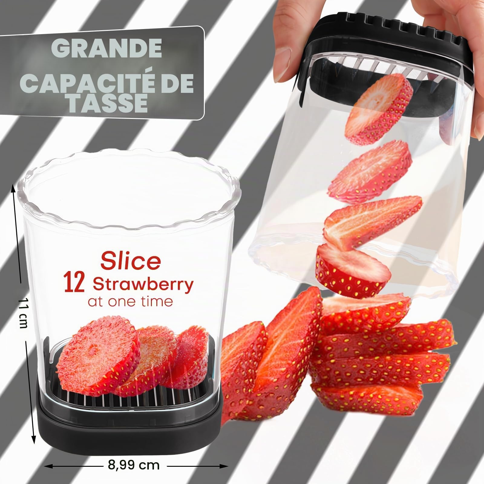 Coupe à fruits | Trancheuse à fraises | Trancheuse banane | Coupe-raisin | Trancheuse à œufs | Coupe-fruits amovible avec plaque de poussée | Gadget de cuisine créatif (noir)