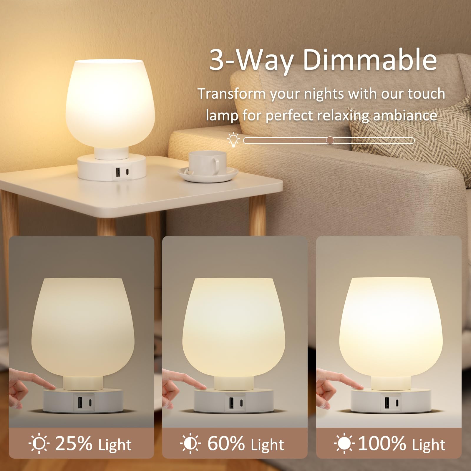 Touch Tischlampe für Nachttisch 2er Set - Nachttischlampe mit USB C+A Ladeanschlüssen für Schlafzimmer Wohnzimmer Nachttische, Schreibtischlampe mit weißem Glasschirm für kleine Räume, 3 Wege Dimmbar