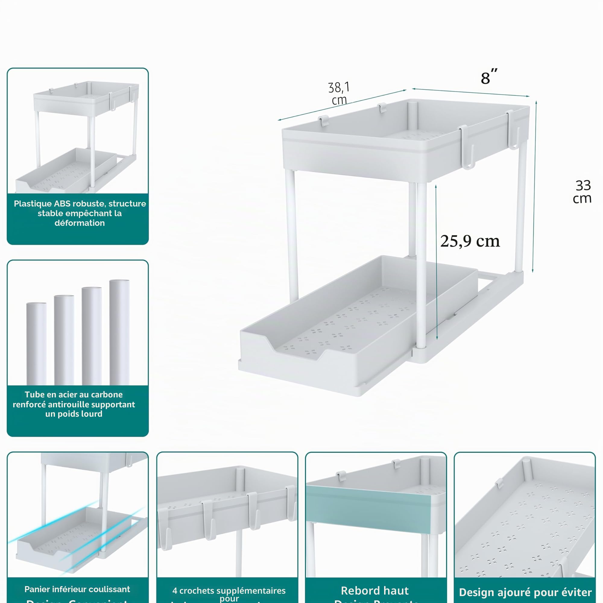 DEKAVA Lot de 2 organiseurs sous évier, 2 niveaux coulissants pour salle de bain et cuisine, grands paniers blancs en ABS, faciles à installer et à nettoyer
