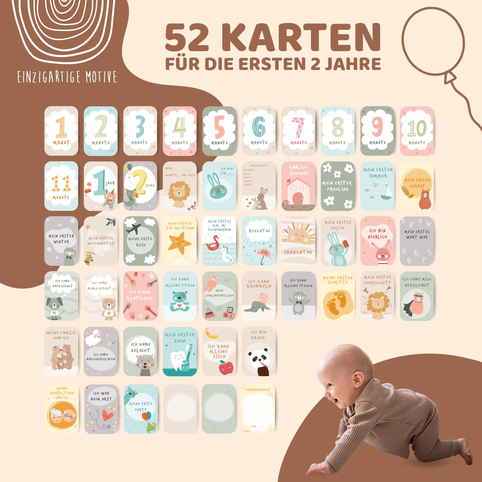 Tiny Trees 49 Cartes Étapes Bébé + 18 Stickers & Coffret Souvenir – Cadeau Naissance Personnalisable