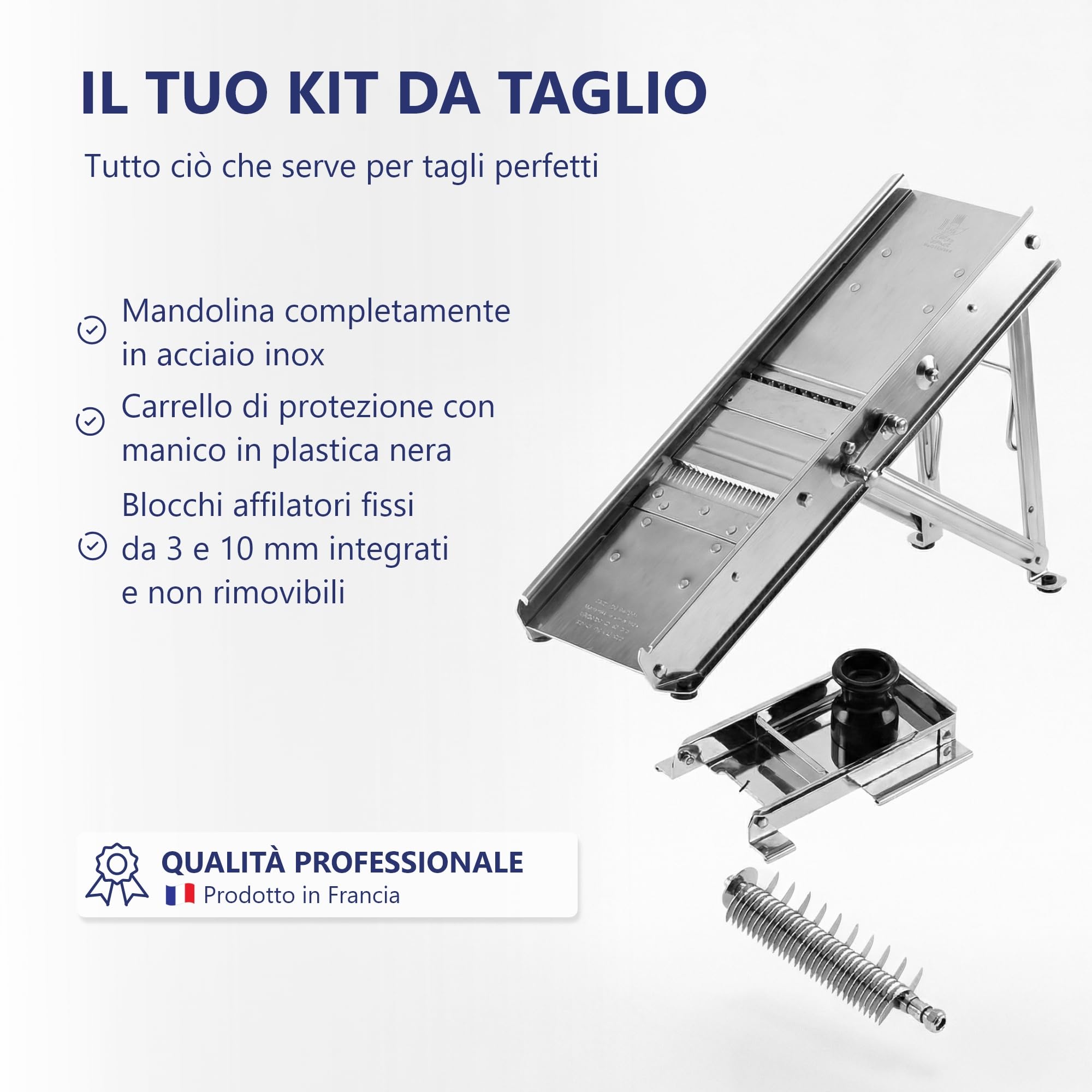 Louis Tellier - Mandolino Professionale con Carrello di Protezione - Acciaio inox - Spessore Regolabile Pettine 3&10 mm - 25 x 12 x 7 cm - Made in France