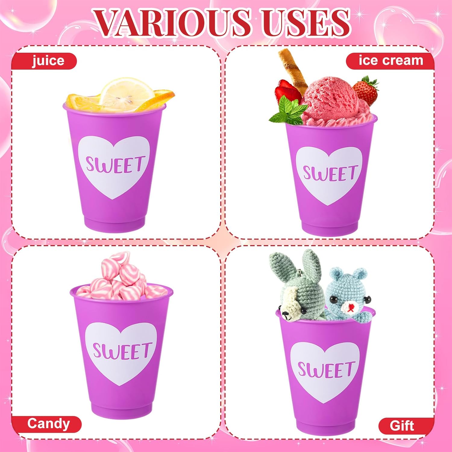 24 Set Valentines Day Cups with Straws and Lids 16 oz Plastic Heart Conversation Reusable Cups Bulk Pink Red Purple Tumblers for Valentines Wedding Anniversary Party Favor Classroom