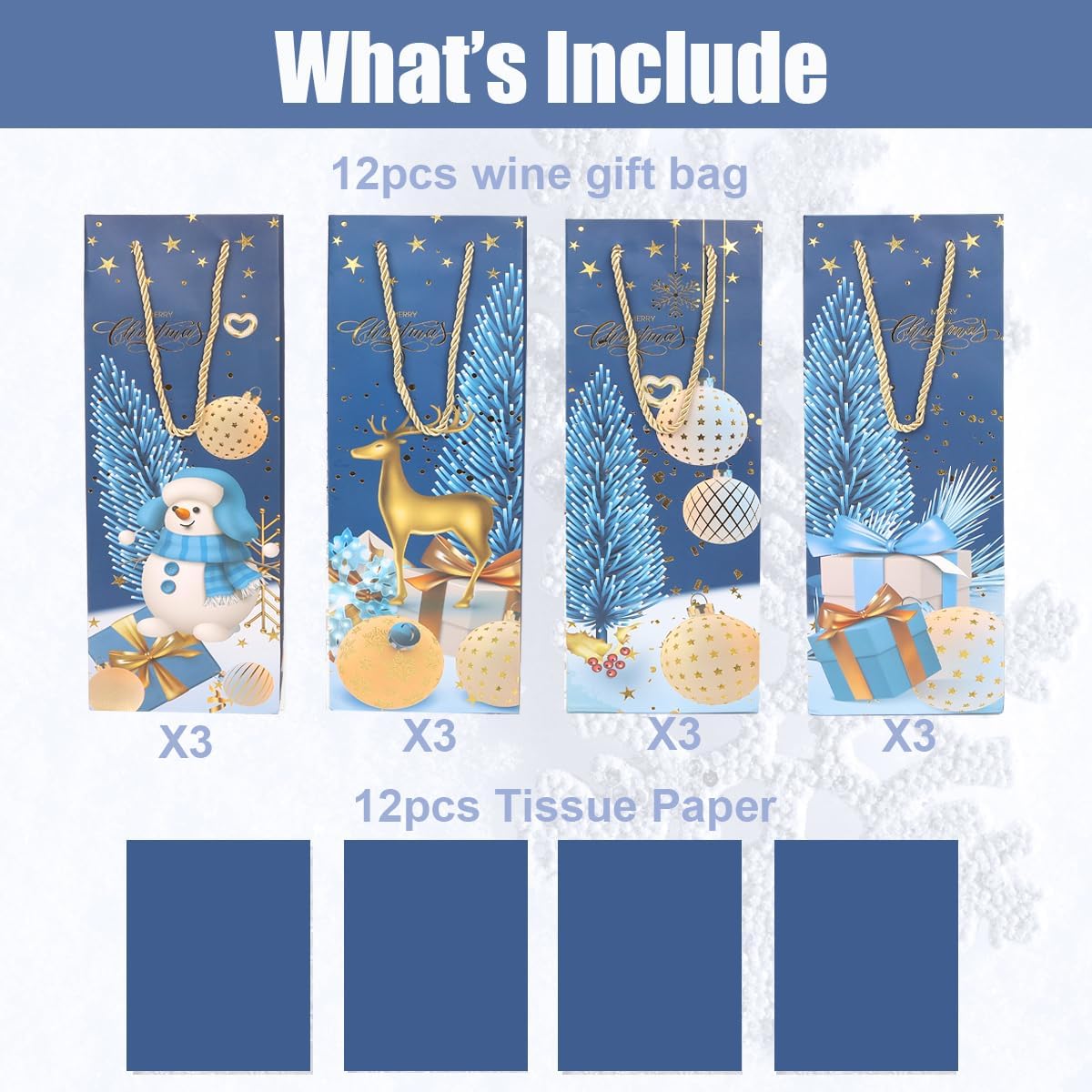 ZJHiome 12 Pack Christmas Wine Gift Bag Wine Bottle Bag with Tissue Paper for Xmas Winter Holiday Party Supplies (Navy Blue) - Image 3