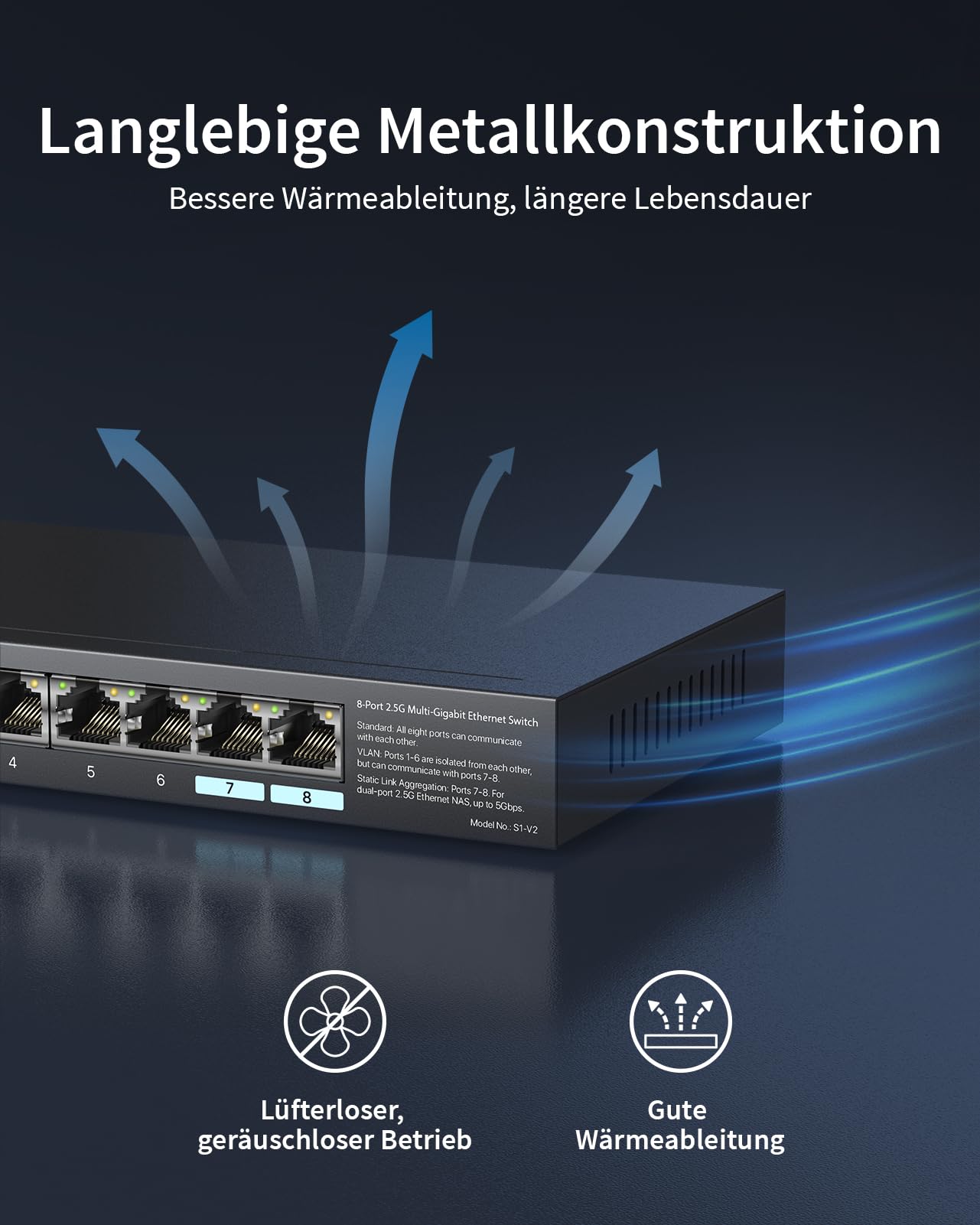 BrosTrend 8X 2.5-Gigabit Netzwerk Switch (Statische Link-Aggregation, VLAN) | Lifetime-Schutz Unmanaged 8 Port 2.5 Gbit LAN Switch für Gaming PC, NAS Server, Lüfterlos, Plug & Play, Ethernet LAN Splitter