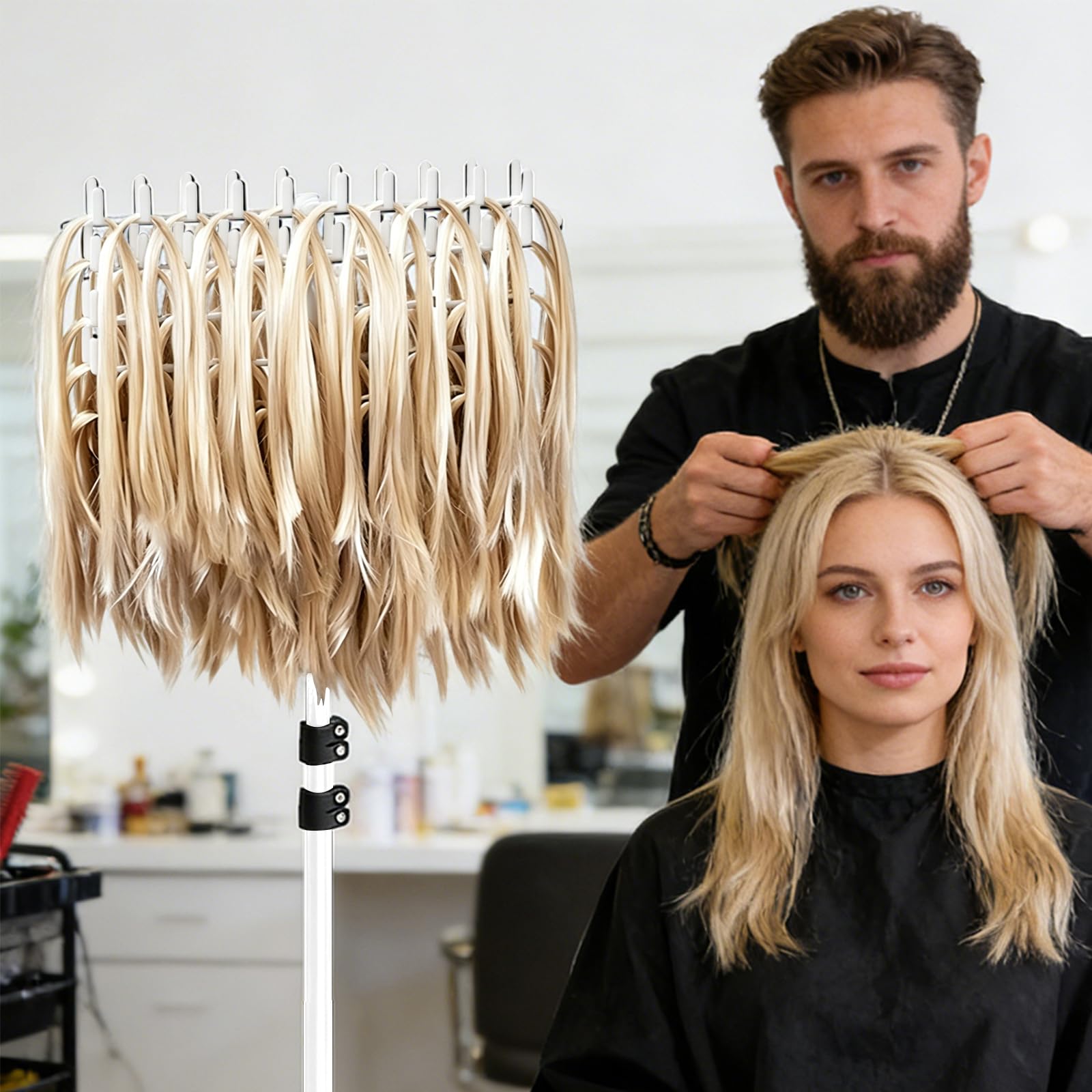 Braiding Hair Rack regolabile in altezza e pieghevole – 144 perni extension per capelli con fermagli per capelli + pettini, supporto per parrucchieri e trecce (bianco)