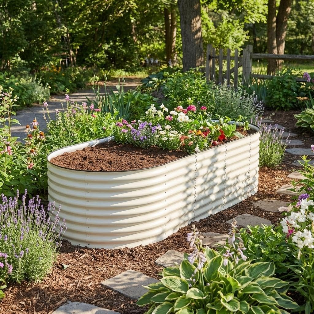 GarveeLife Hochbeet Metall für Garten 240x120x60 cm, Verzinktem Stahl Stabil Garten Beet mit Kantenschutzleiste für Gemüse Kräuter Blumen Gartenbeet Gemüsebeet, Cremeweiß