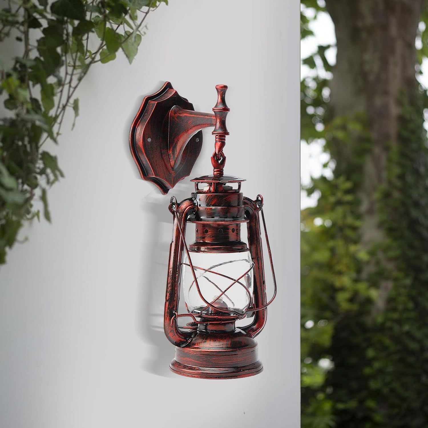 Retro Antique Vintage Rustic Wall Sconce, Lighting Lantern Mounted Light with Glass Indoor Light Fixture, Cabin Decor Lampshade for Hallway Farmhouse Loft (Red Bronze Coloured)