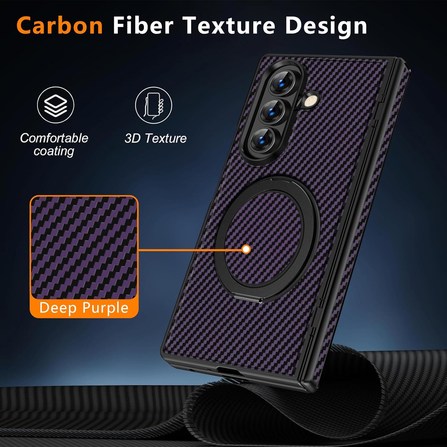 Case for Samsung Galaxy Z Fold7 - Strong Magnetic 360° Rotatable Kickstand & Hinge Protection | Carbon Fiber Texture Design | PC Shock-Absorbing Cover | Purple MUS-ZTZJ-01-05