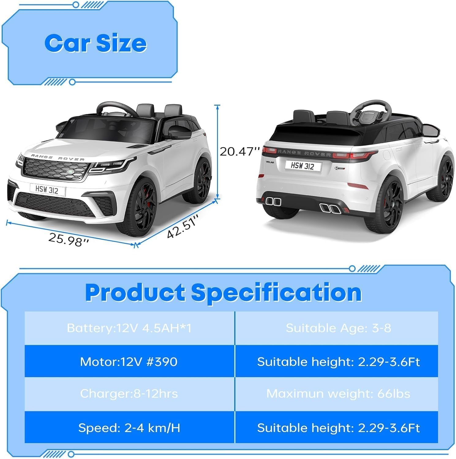 12V Macchina Elettrica Land Rover con Licenza per Bambini - Telecomando Genitori - Musica MP3/USB - Luci LED - Sicura e Robusta - Regalo 3+ Anni - Colore Bianco