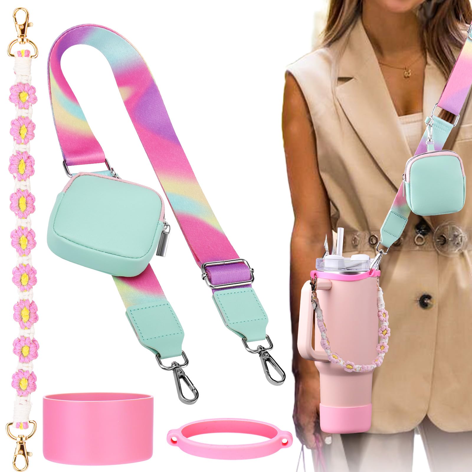 Mity rain Water Bottle Shoulder Strap Set for Stanley Cup, Cup Accessories for Stanley 20oz 30oz 40oz, Including Cup Holder Shoulder Strap with Purse, Carrying Handle Strap, Boot, Cup Ring (Pink)