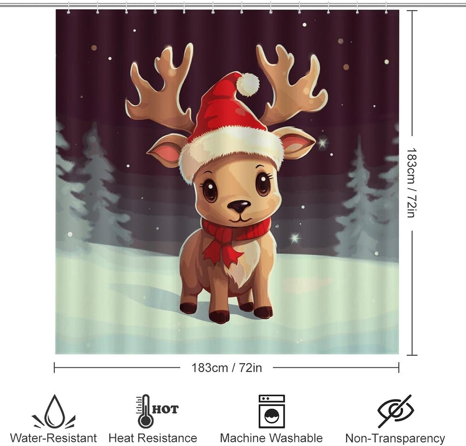 Cute Christmas Reindeer Shower Curtain Set 4 Piece, Non-Slip Bath Mat with Toilet Lid Cover and Waterproof Shower Curtain with 12 Hooks, Complete Bathroom Set for Home Decor
