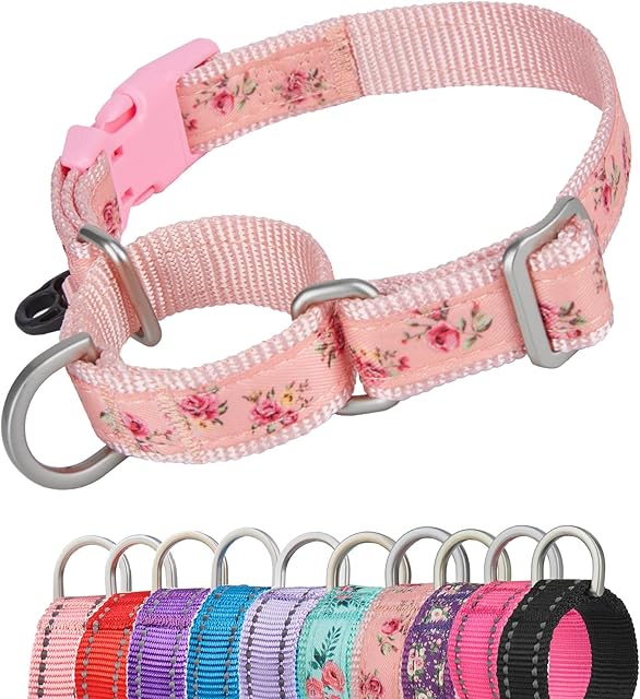 YUDOTE Martingale Dog Collars Escape-proof Anti-pull with Safety Quick Release Buckle for Narrow Head Canines Ease Walking,Small,Floral-Pink