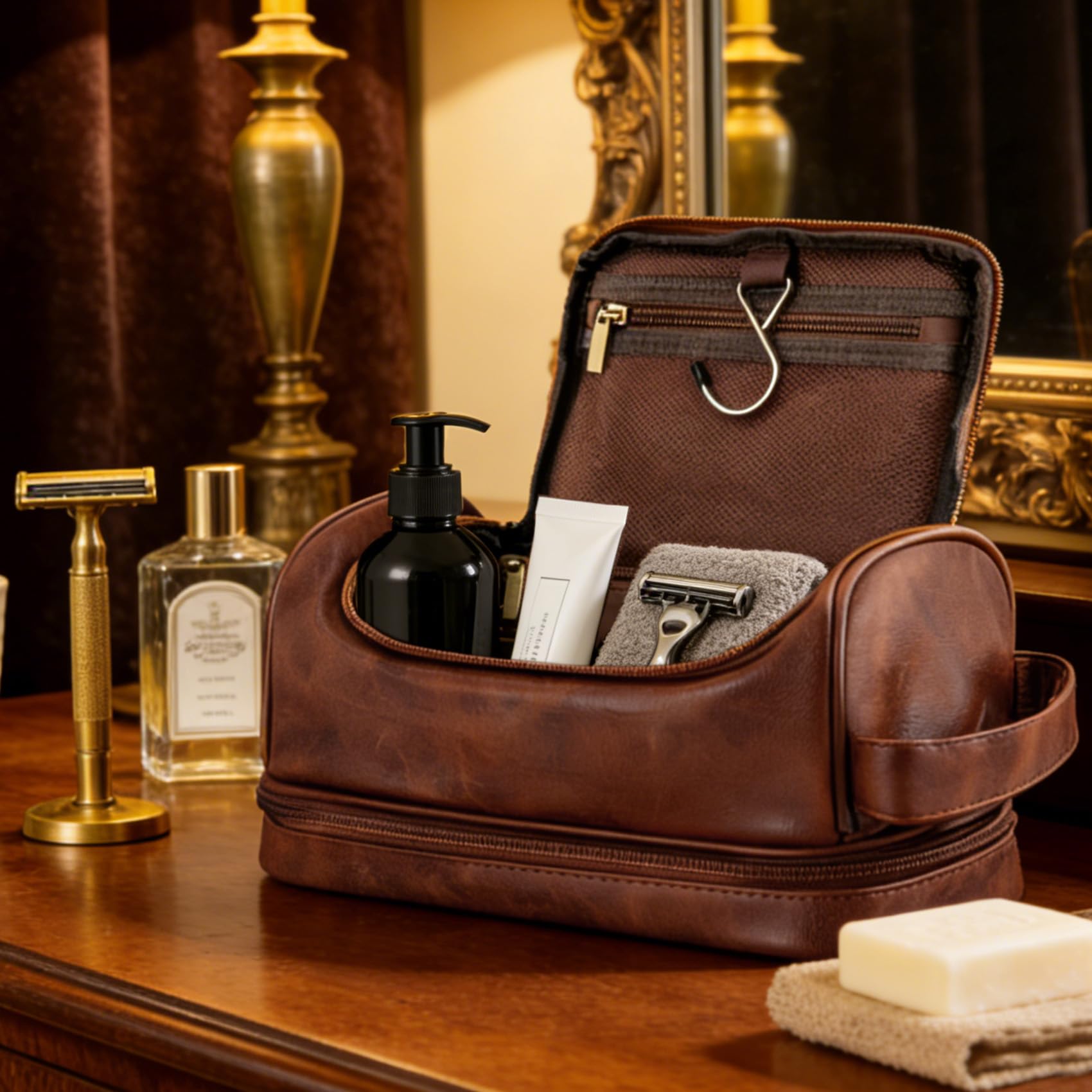 Neceser de viaje personalizado para hombre, grabado con láser, con monograma, inicial, para artículos de tocador, San Valentín, aniversario, regalos geniales para hombres, marido, novio, marrón