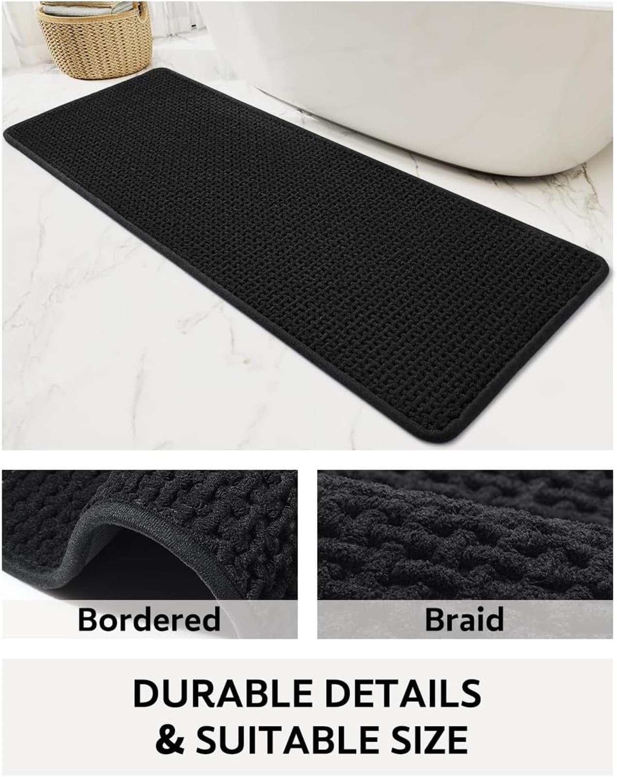 Tapis de bain antidérapant en microfibre - Séchage rapide - Tapis de douche doux et antidérapant pour salle de bain - 60 x 160 cm - Noir - Accessoire idéal pour la maison pour la sécurité et le