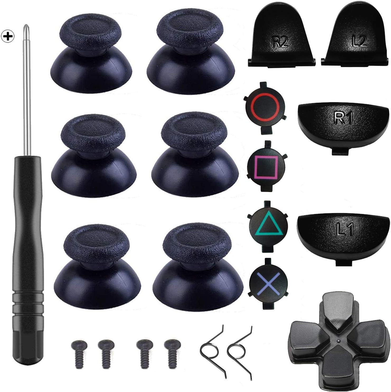 Yosikr 3 Pairs Thumbsticks Joystick for Playstation 4 PS4 Controller Gamepad with Cross Screwdriver + L2 R2 L1 R1 Trigger Replacement Parts + ABXY Bullet Buttons + D-pad + Small Spring (Black)