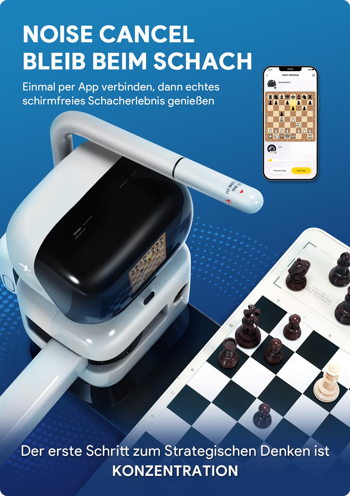 Sense Robot Schachroboter mit KI & Roboterarm – 25 KI-Stufen, 1200+ Übungen, Endspieltrainer, Spielwiederholung, Sprach-Coaching, Lichess-Anbindung, App-Sync, Für alle Spielstärken