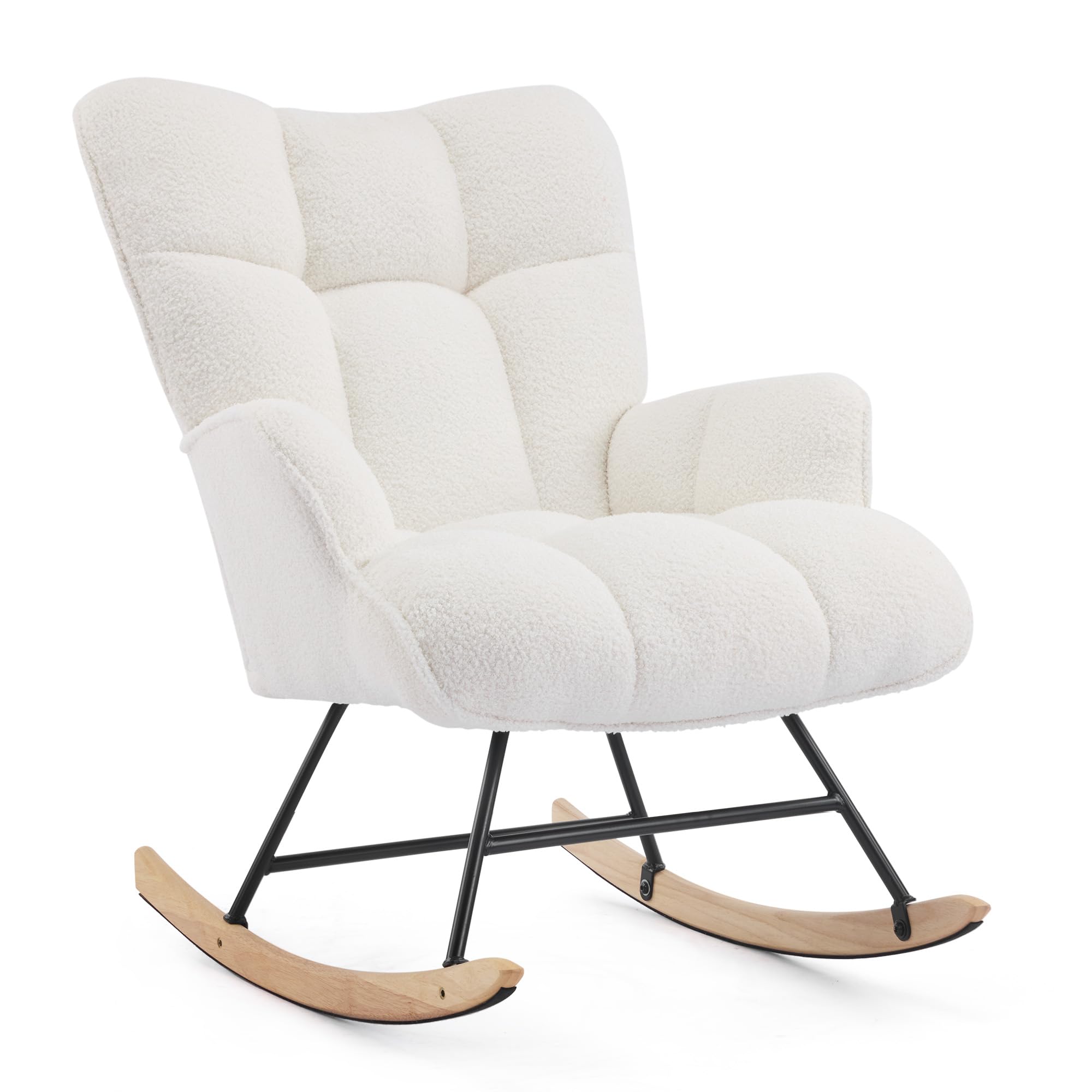 Silla Mecedora para Lactancia, Sillón Balancín Teddy Tapizado en Peluche Suave con Base de Madera Silla de Relax Cómoda con Brazos para Sala, Dormitorio y Habitación Infantil Blanca