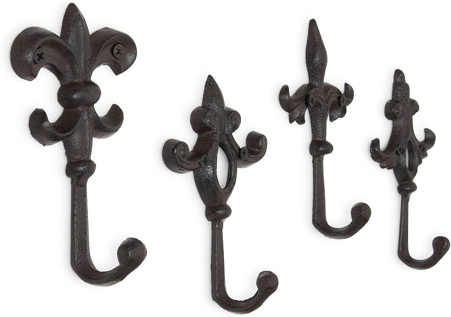 gasare, Decorative Hooks, Key Holder for Wall, Cast Iron Hooks, Fleur De Lis Décor, Wall Mount Screws and Anchors, 5 x 3¼ Inches Each, Brown, 4 Units