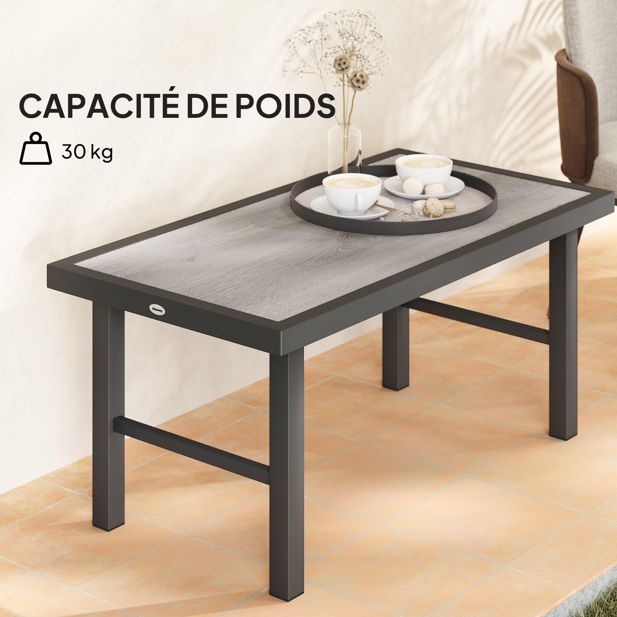 Outsunny Table Basse de Jardin rectangulaire Table de Jardin avec Plateau SPC à Effet Bois pour intérieur/extérieur en métal, 100 x 52 x 46 cm, Effet Bois Gris