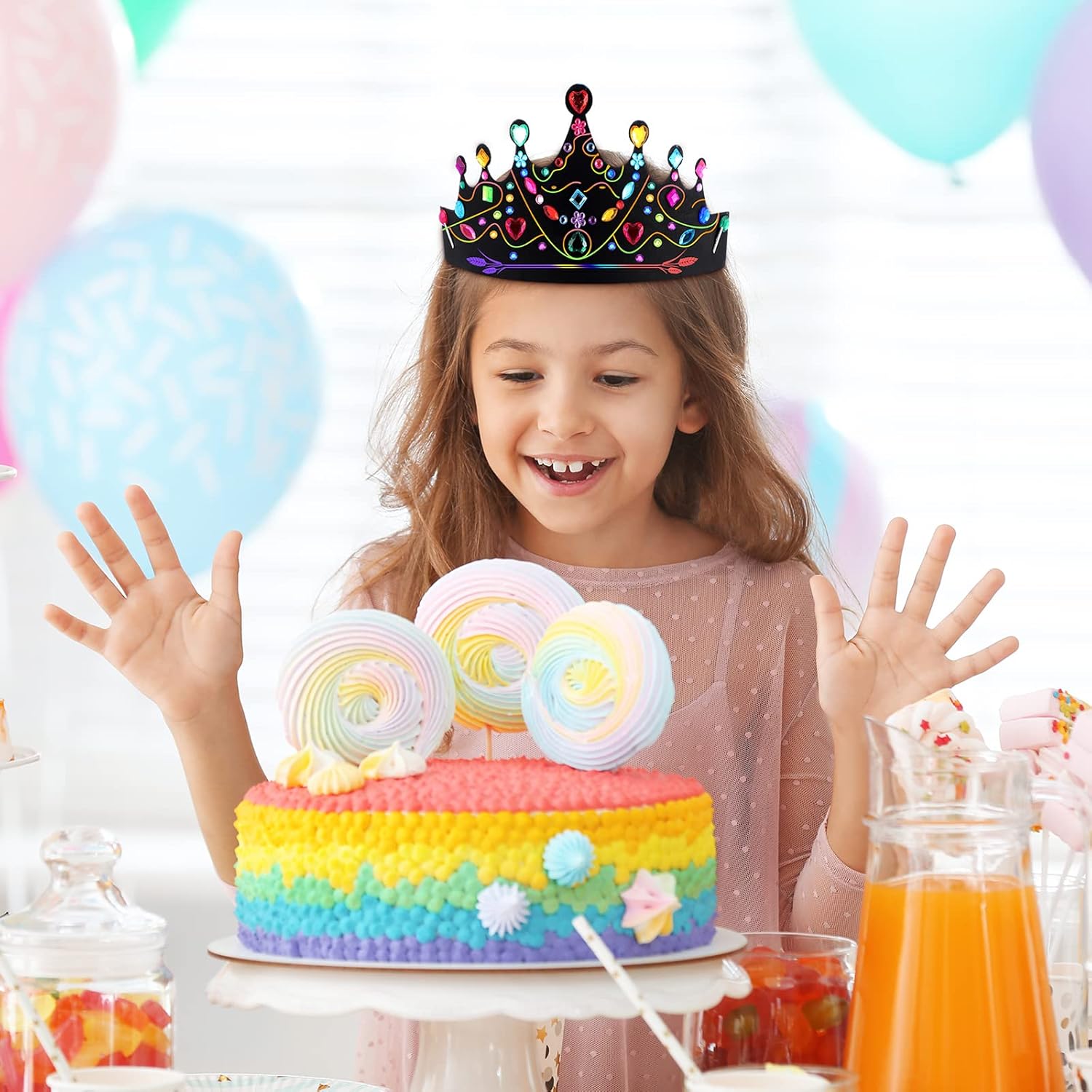 Yinder 80 Pcs Crafts Crowns Set DIY Scratch Paper Crowns with Rainbow Color Headband Hats Wooden Styluses Craft Elastic Bands Colorful Gem Jewels Stickers for Boys Girls Adults