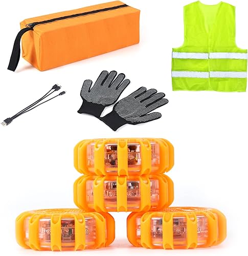 Uemicip Paquete de 4 luces LED USB de emergencia para carretera, kit de luces de seguridad de advertencia en carretera para automóvil con base