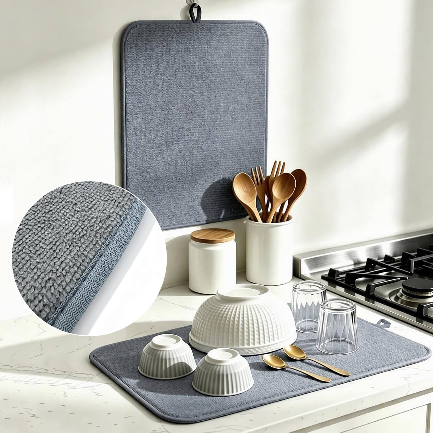 2pack Dish Drying Mat for Kitchen Counter, 20"L x 14"W, Black