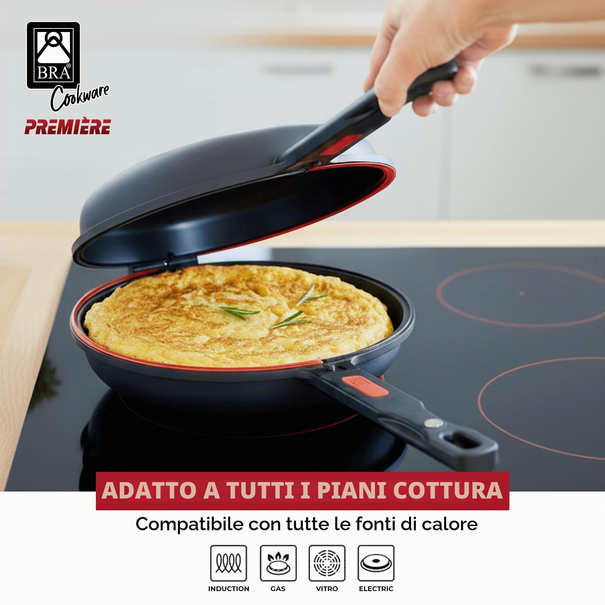 BRA Dupla Premiere | Padella doppia per frittata in alluminio fuso, 24 cm, antiaderente a triplo strato senza PFOA, compatibile con tutti i piani cottura
