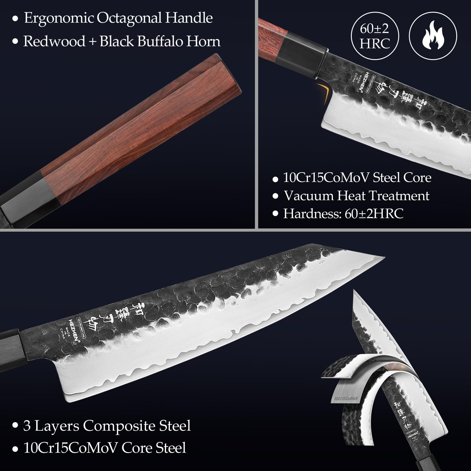 HEZHEN - Couteau Kiritsuke de 21,5 cm, couteau de chef en acier forgé composite à 3 couches, couteau de cuisine japonais professionnel, manche octogonal en bois rouge et fourreau en bois