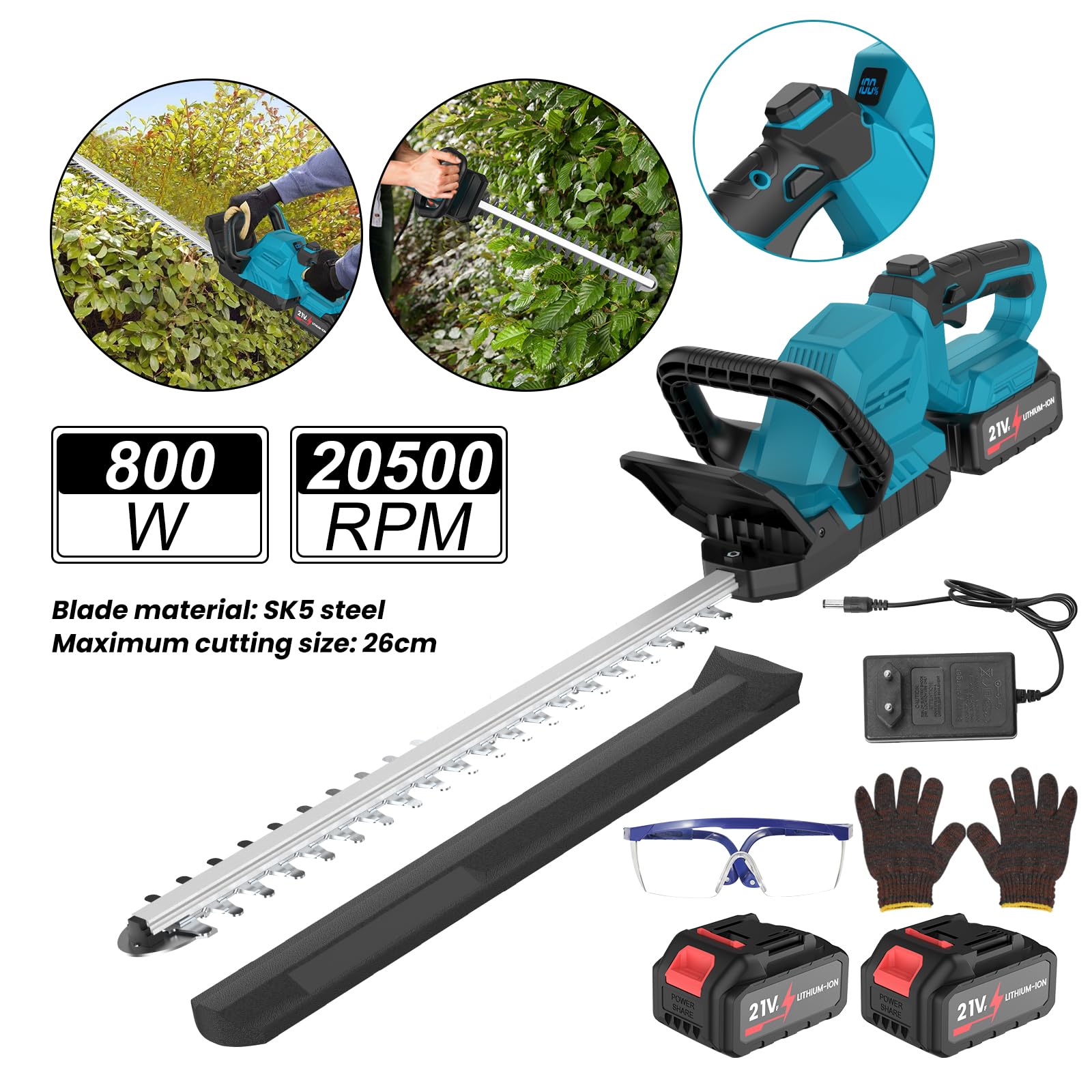 Cortasetos Bateria,Corta Setos Jardin Electrico con 2x1500 mAh Batería,Velocidad de 20500 RPM,Motor sin Escobillas,50cm, Cuchillas Dobles,Apto para Desherbar, Podar Arboles y Arbustos