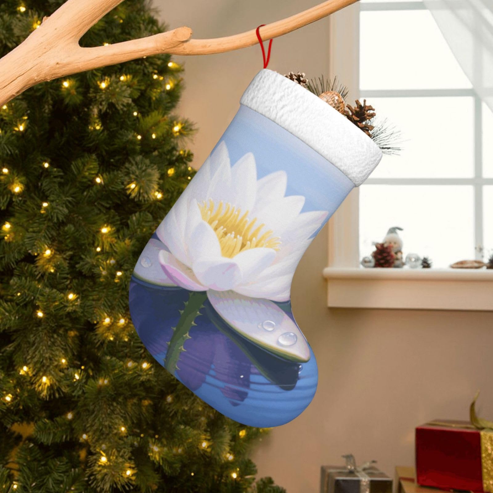 Velvet Christmas Stockings 17.7 Inch, White Lotus Flower Xmas Stocking with Soft Cuff,Classic Personalized Christmas Tree Decoration for Family Holiday New Year Party Supplies