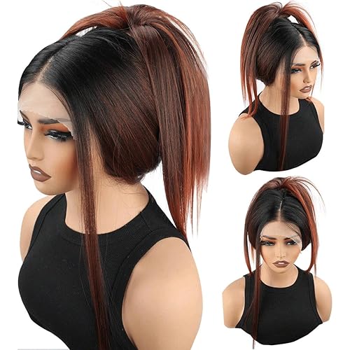Synthetic Lace Front Wig Pre Plucked With Baby Hair 13x4x1 HD Lace Reddish Brown with Black Root 30 Inch Long Straight Synthetic Wigs for Black Women Ready to Wear Glueless Wig