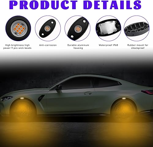 Miniatura 9 de Dickno 2 luces LED de rock, IP67 impermeable, lámpara de neón, luces de guardabarros subterráneos de alto brillo para camiones, SUV todoterreno,