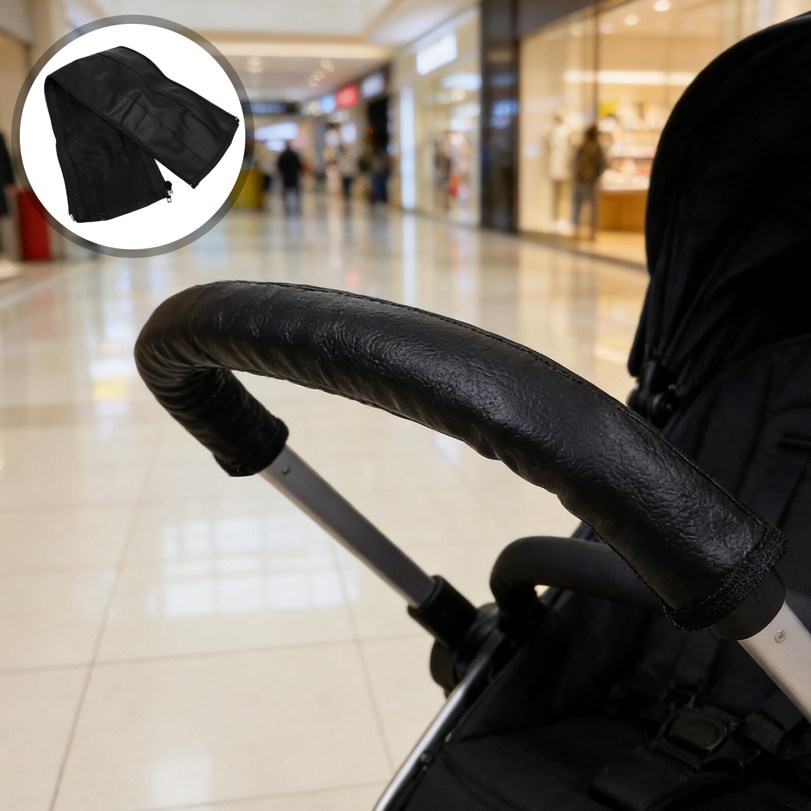Funda para Manillar de Cochecito 4 Piezas, Protector Antideslizante de Pu Negro, Extraíble y Lavable Cremallera de 52 Cm, Compatible Mayoría de Cochecitos, Accesorio para